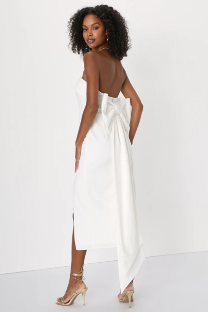 White Strapless Bow Midi Dress, destination wedding dress