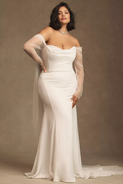 Jenny by Jenny Yoo Olivia Long-Sleeve Off-The-Shoulder Scoop-Neck Column Wedding Gown, elopement wedding gown, destination wedding dress