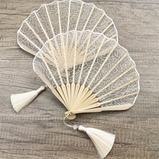 White Lace Embroidery Rose Hand Fan