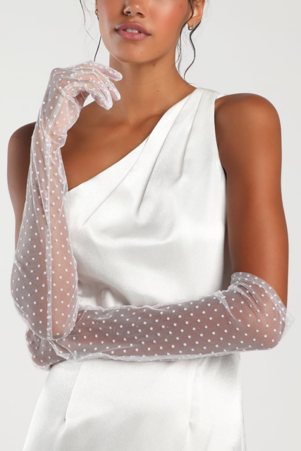 Reigning Romantic White Swiss Dot Mesh Elbow-Length Gloves
