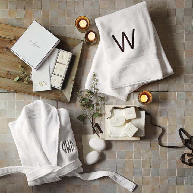 Monogrammed towels, robes, soap