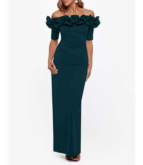 Ruffled Off-the-Shoulder Short Sleeve Crepe Gown