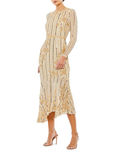 Embellished Long-Sleeve Midi-Dress