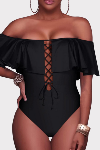 One Piece Swimsuit Ruffled Off Shoulder Lace Up Bathing Suit